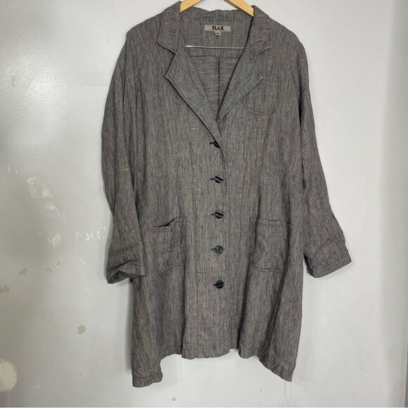 FLAX 100% Linen‎ Button Lagenlook Duster Black Stripe Medium - Picture 1 of 6